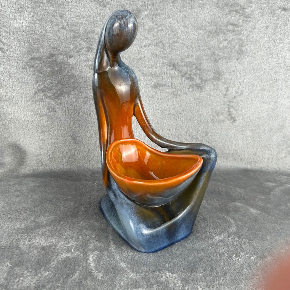 Vintage Lou Hoenig California Pottery 61 Seated Woman Figurine Bowl Blue Orange